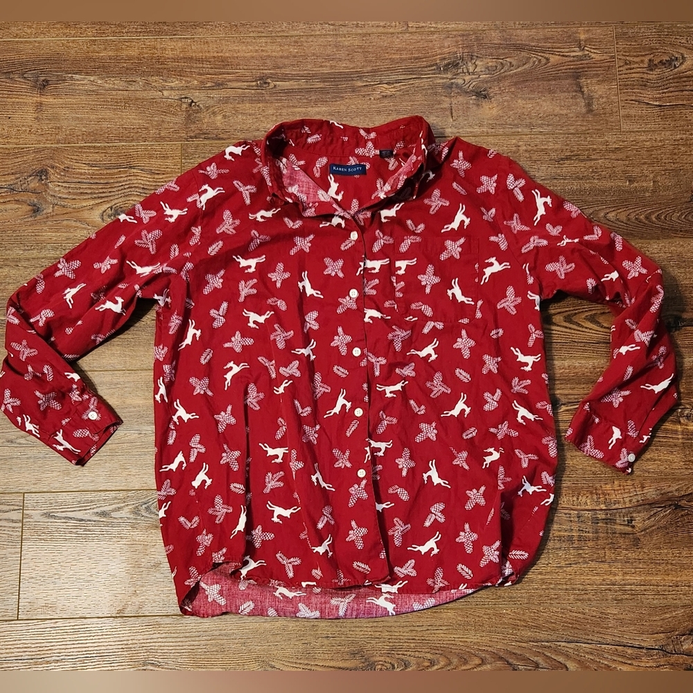 Karen Scott 100% Cotton Animal Print Holiday Button Front Shirt Top EUC Size XL